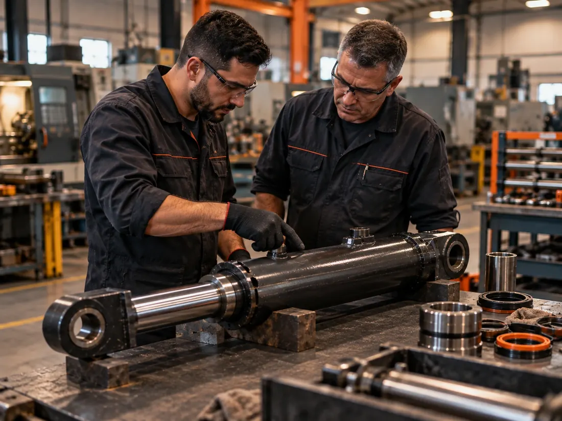 Equipe de produção da WP Metalurgica trabalhando na montagem de cilindros